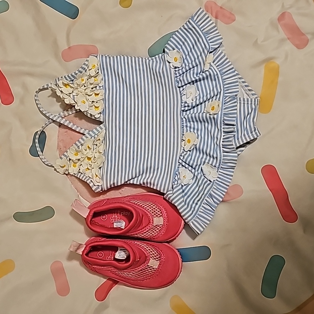 12m swimsuit blue and white striped with flowers and size 5 pink water shoes